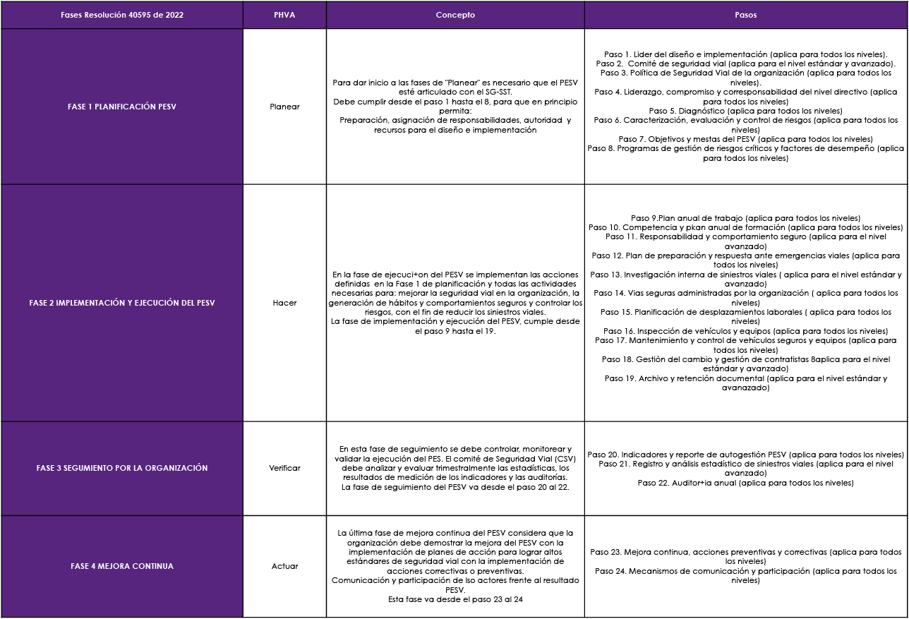 Pasos, conceptos, Ciclo PHVA y Fases PESV